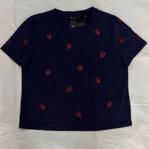 Cute Navy Tee with Red Lobsters in Rhinestones Design